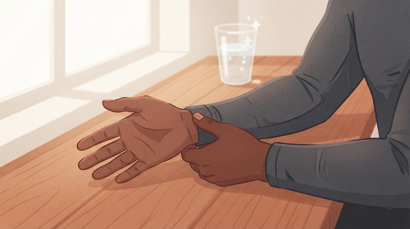 Ilustración de la mano de un hombre rodeando su otra muñeca sobre una mesa de madera junto a una ventana luminosa, una comprobación casera aproximada de la complexión corporal
