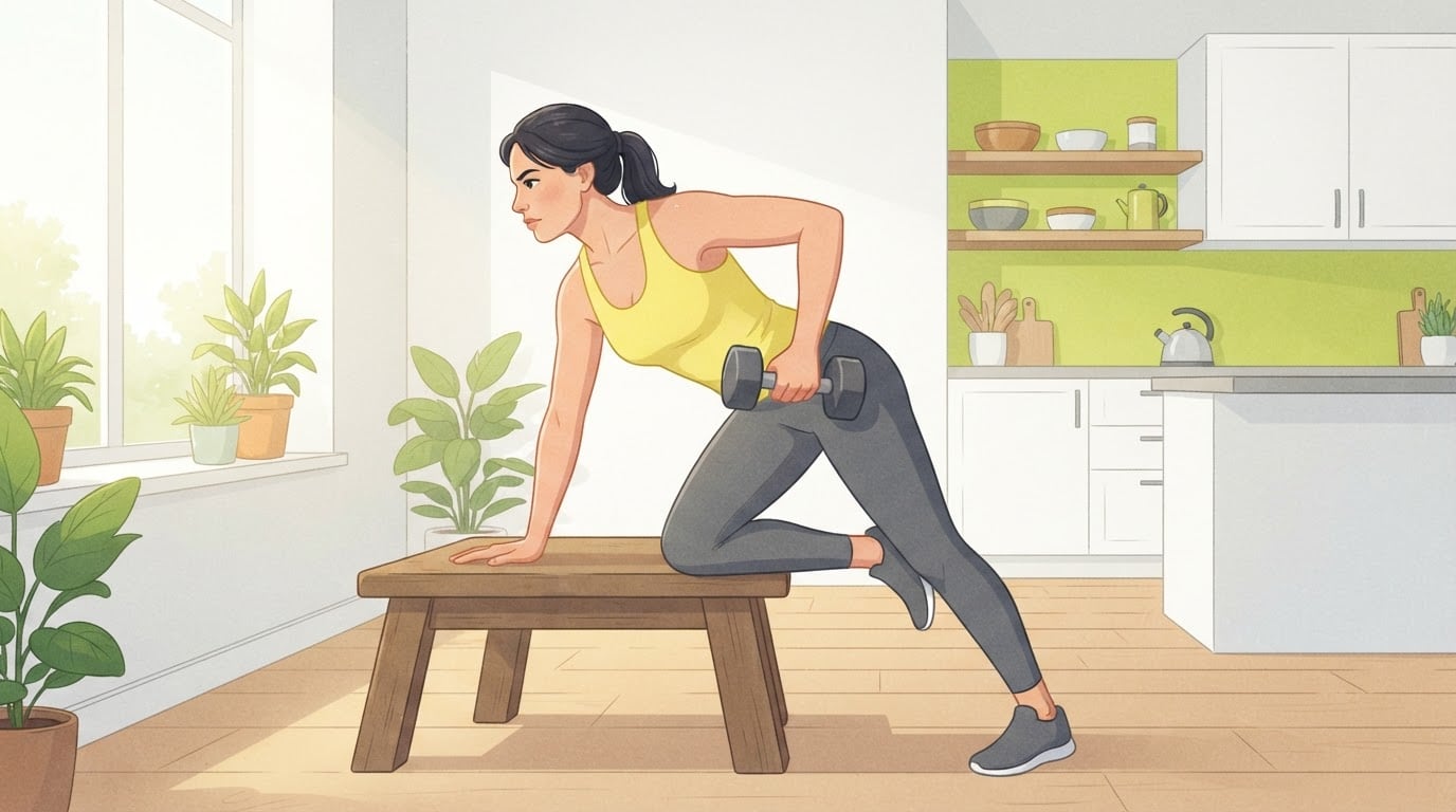 Woman doing a one-arm dumbbell row with one knee and one hand on a low wooden bench in a bright living room, the kind of training that builds skeletal muscle