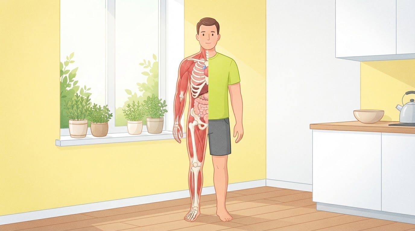 Illustration of a man standing in a sunny kitchen, half of his body drawn as a cutaway of muscle, skeleton and organs, the tissues that make up lean body mass