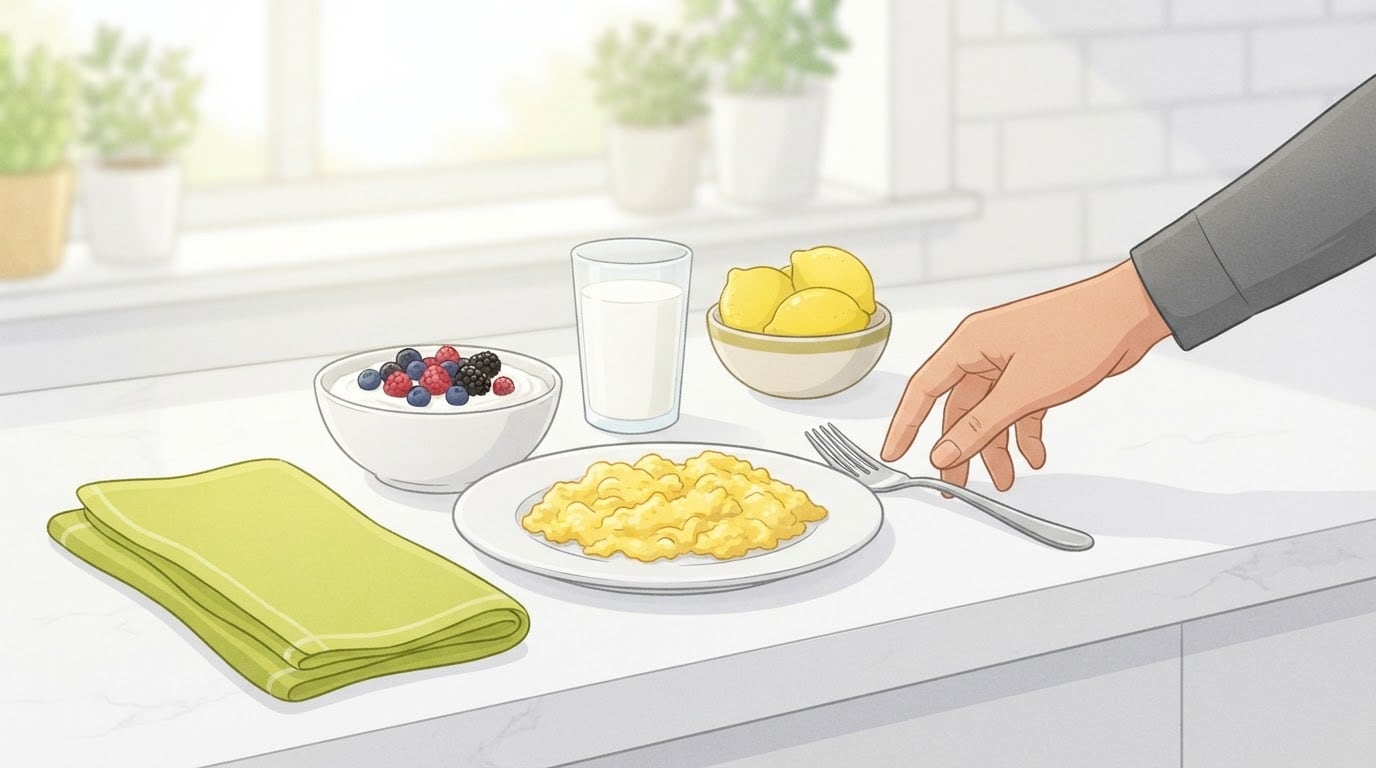 Breakfast of scrambled eggs, a bowl of Greek yogurt with berries and a glass of milk on a white kitchen counter by a sunny window, with a hand reaching for the fork