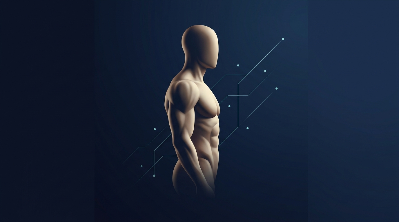 Conceptual illustration of body composition change driven by training and nutrition showing a sculpted muscular form with abstract growth indicators