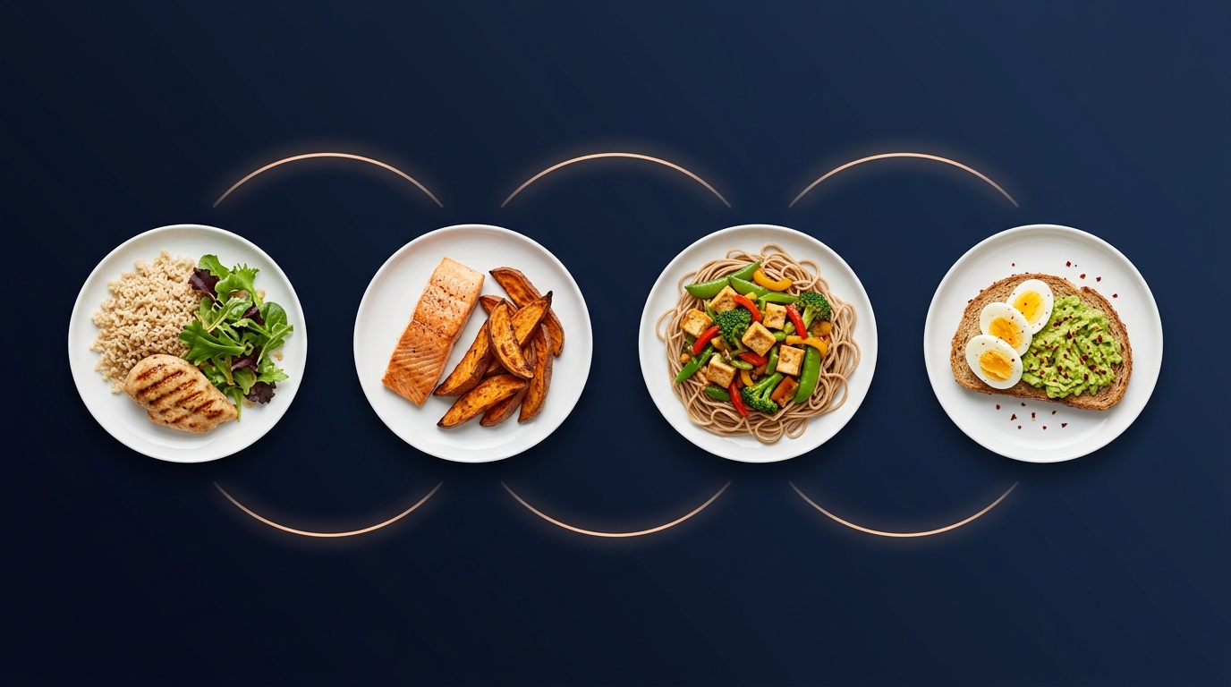 Illustration showing four balanced daily meals with protein, carbohydrates, and fats spaced across a day to support muscle protein synthesis