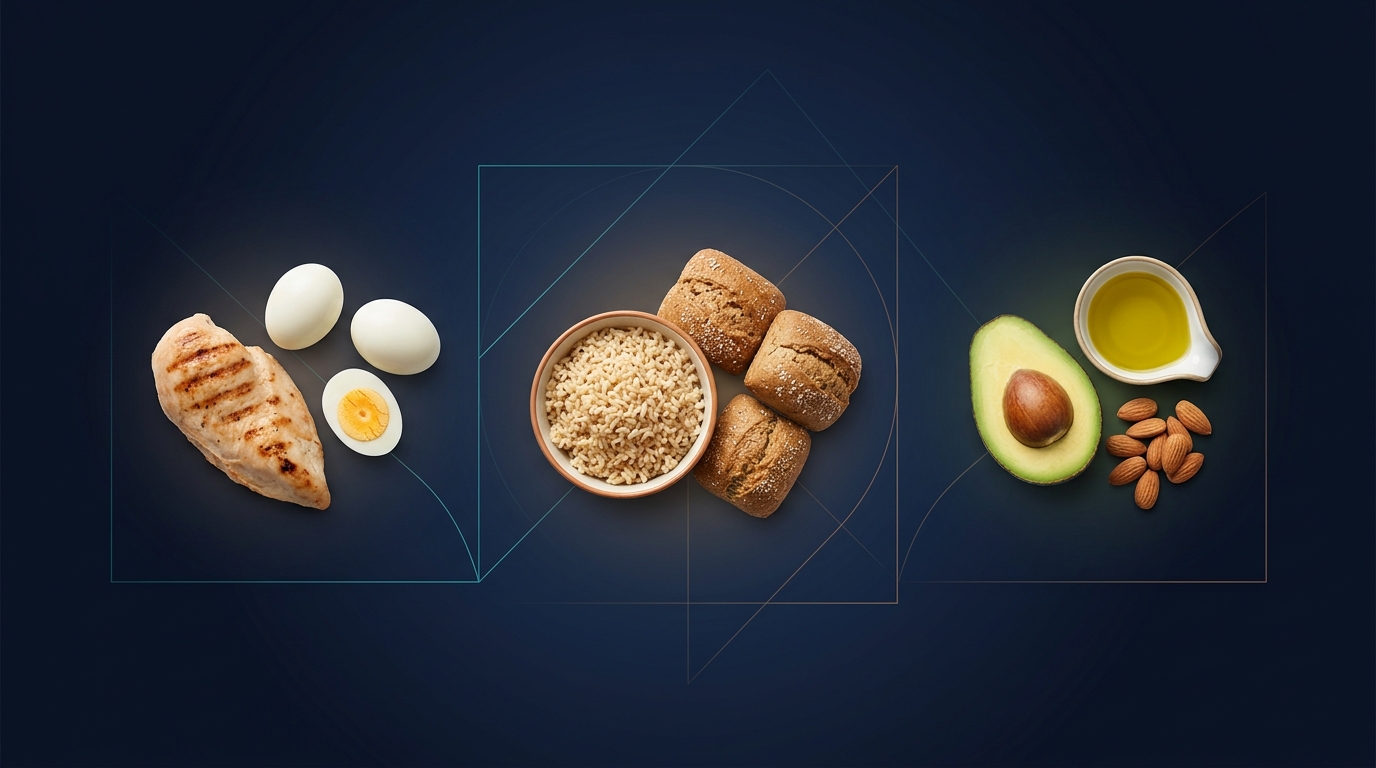 Conceptual illustration of the three macronutrients showing lean protein sources, complex carbohydrates, and healthy fats arranged in three groupings on a dark background
