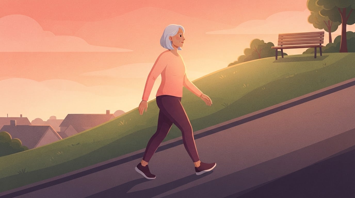 Ilustración de una mujer de unos cincuenta años con el pelo plateado, con una camiseta color melocotón y mallas color ciruela, que sube caminando por un empinado sendero de un parque al amanecer hacia un banco en lo alto de la colina
