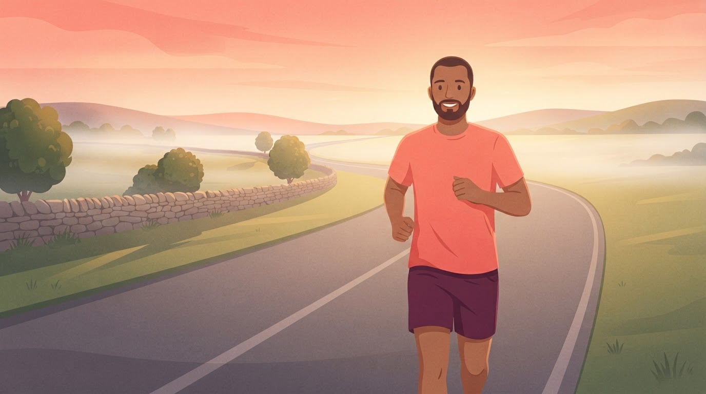 Ilustración de un hombre con barba y camiseta de correr coral que trota a un ritmo suave y relajado por una tranquila carretera rural al amanecer, con un muro de piedra y campos neblinosos a su lado