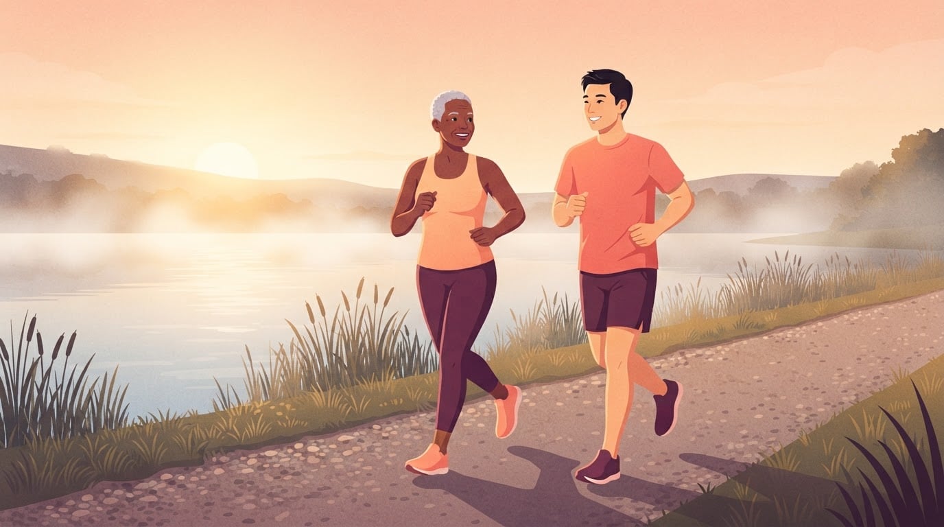 Ilustración de una mujer de unos sesenta años con el pelo corto y plateado y un hombre joven que trotan uno al lado del otro y charlan por un camino de grava junto a un lago neblinoso al amanecer