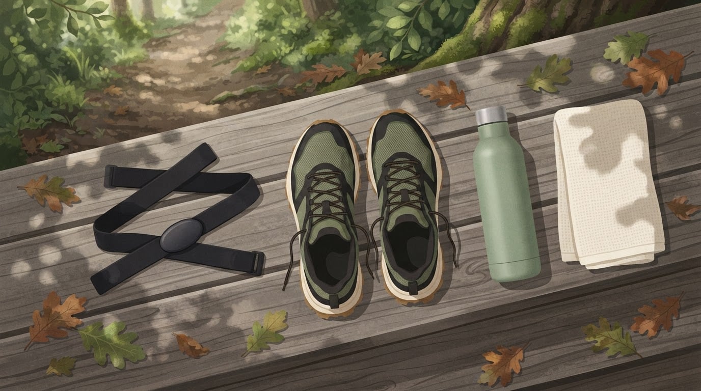 Overhead view of a black heart rate chest strap, trail running shoes, a sage green water bottle and a folded towel on a wooden bench beside a forest trail