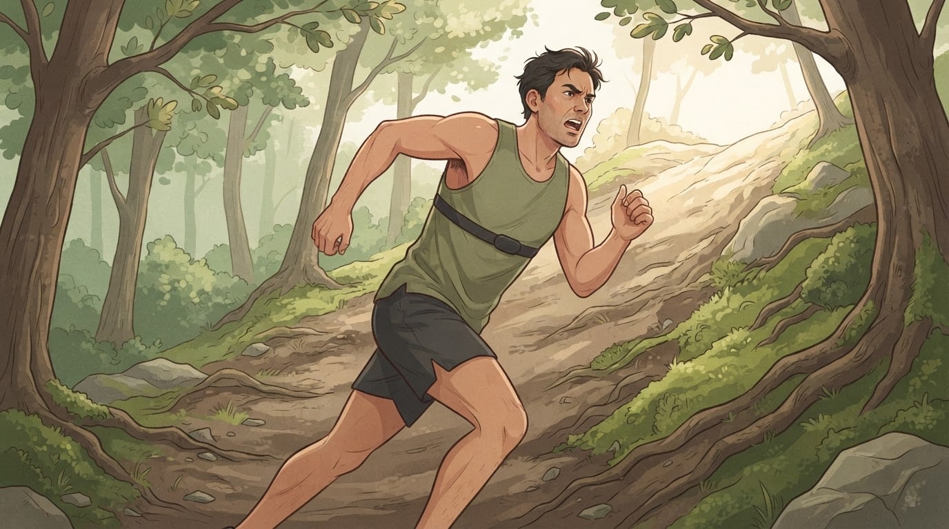 Man running hard up a steep wooded hill with a heart rate chest strap around his chest, the kind of all-out effort a max heart rate field test asks for