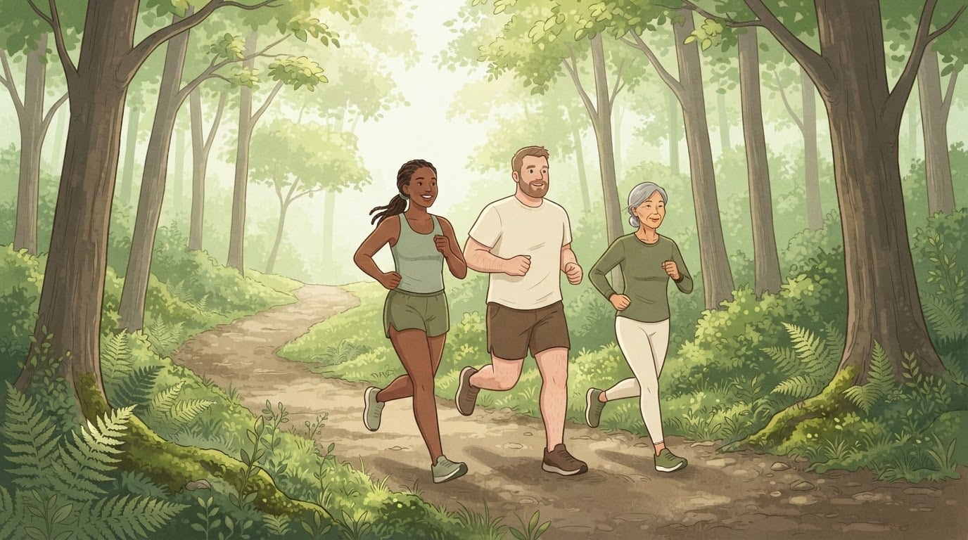 Three runners of different ages, a young woman, a middle-aged man and a grey-haired older woman, jogging together up a forest trail in dappled light, showing how maximum heart rate differs with age