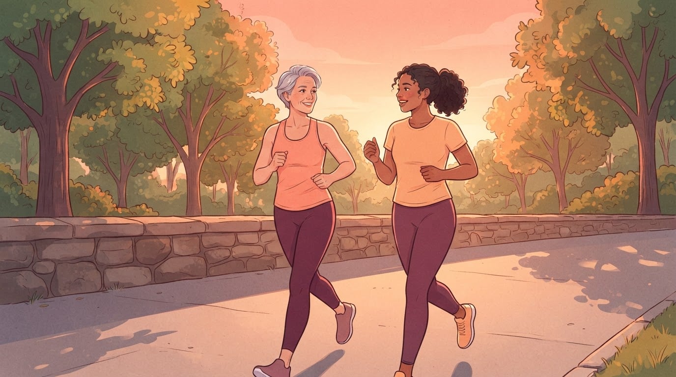 Illustration von zwei Frauen unterschiedlichen Alters, die bei Sonnenaufgang nebeneinander in lockerem Tempo auf einem Parkweg laufen, sich unterhalten und lächeln