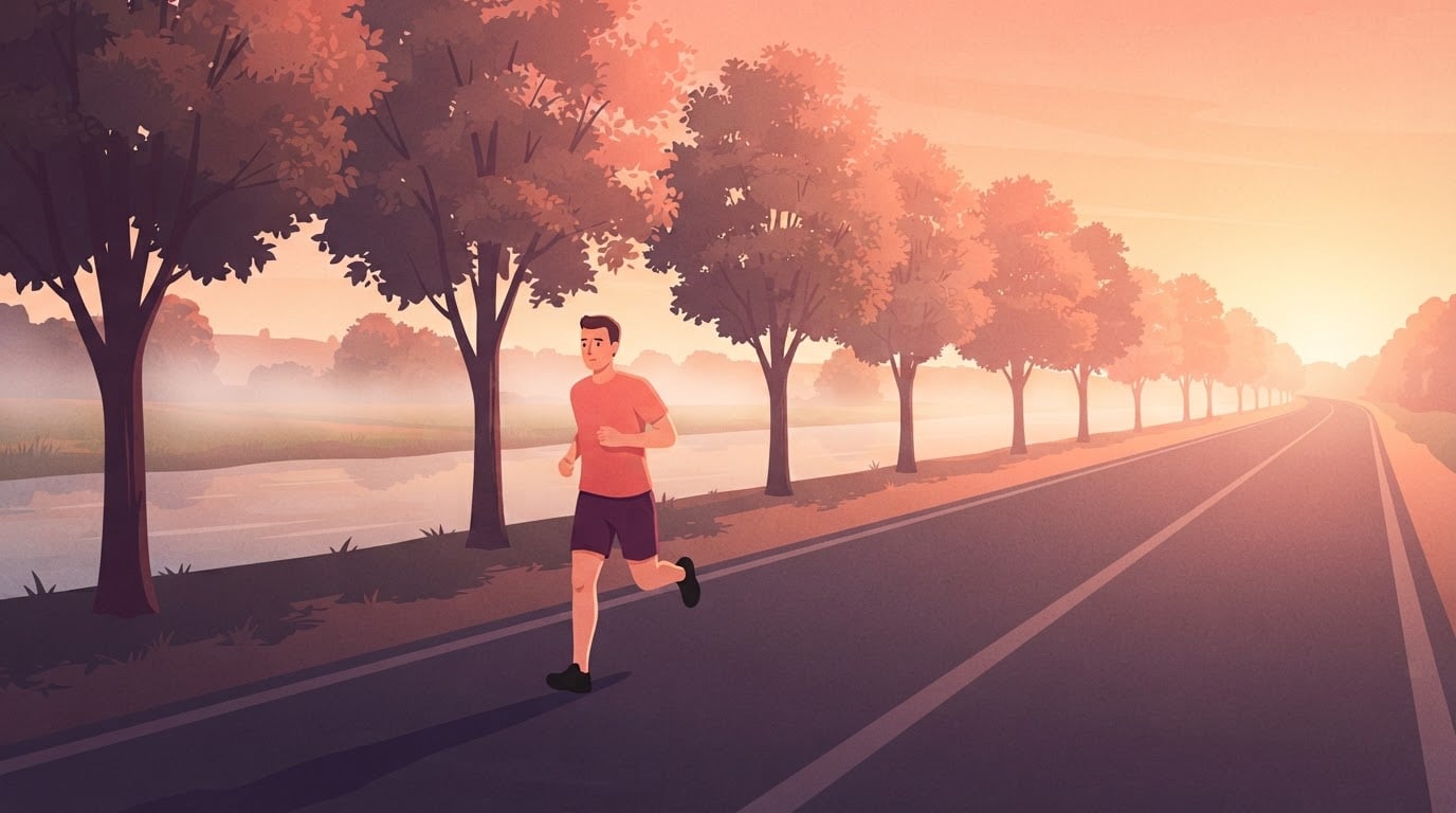 Illustration eines Mannes, der bei Sonnenaufgang allein auf einer ruhigen Uferstraße läuft, die leere Straße und eine Baumreihe erstrecken sich weit in die Ferne