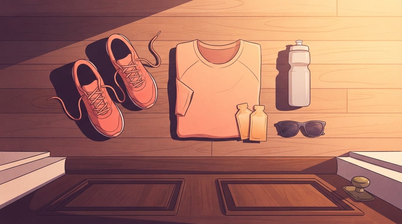 Illustration der Laufausrüstung für den Wettkampfmorgen, von oben auf einem Holzboden ausgelegt: Laufschuhe, ein gefaltetes Shirt, eine Wasserflasche, Energiegels und eine Sonnenbrille