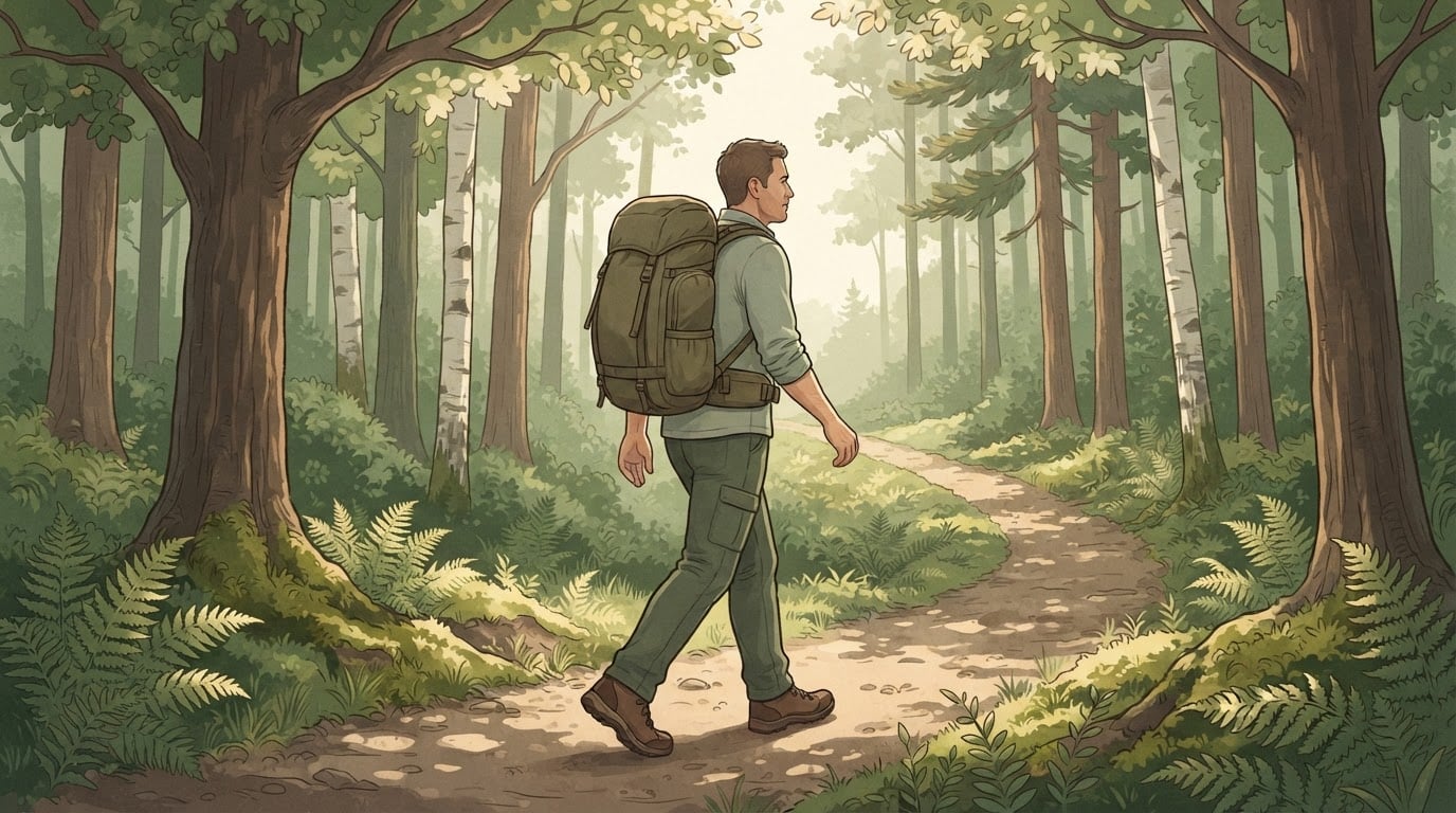Illustration of a man in his forties walking a forest dirt trail with a loaded olive rucksack strapped high on his back and its hip belt fastened, in soft dappled light
