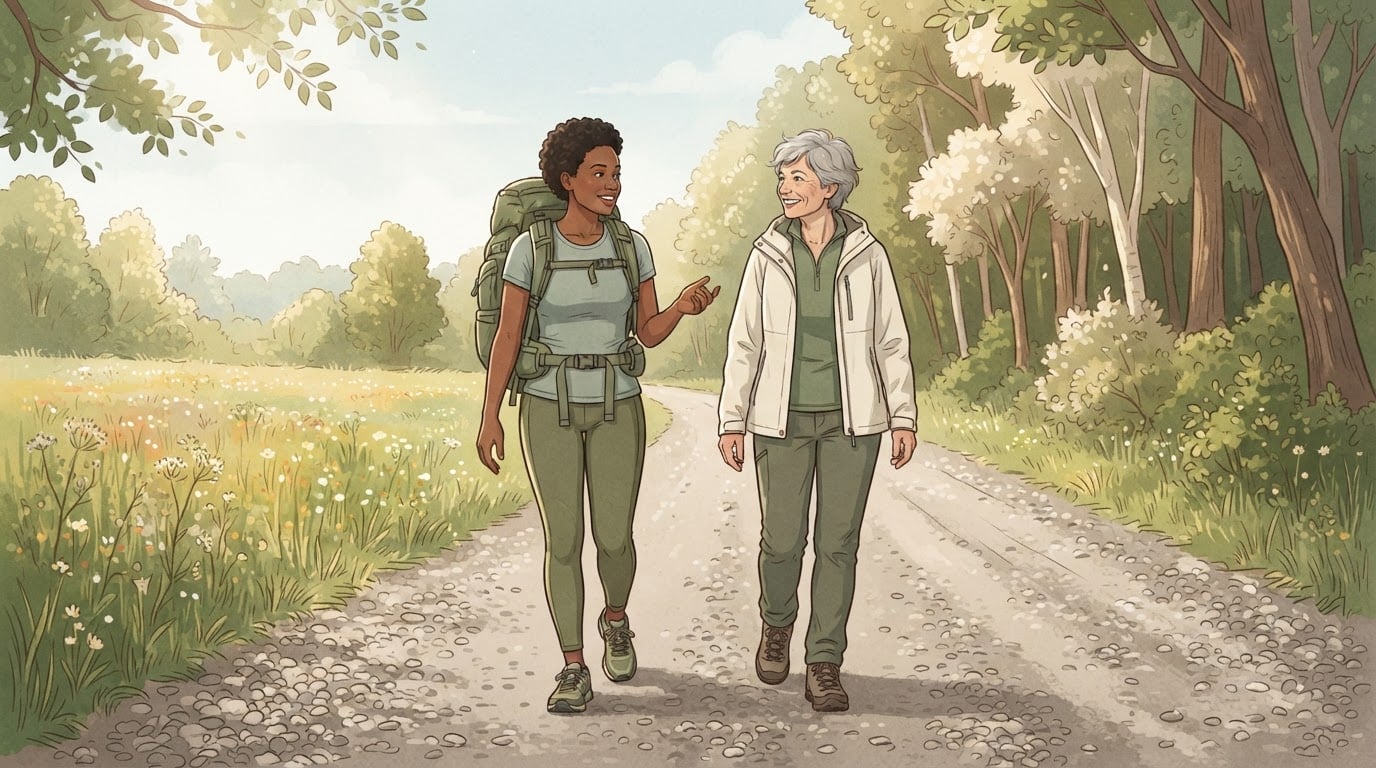 Illustration of two women of the same height walking side by side on a gravel road beside a meadow, one carrying a loaded green rucksack and the other walking without a pack
