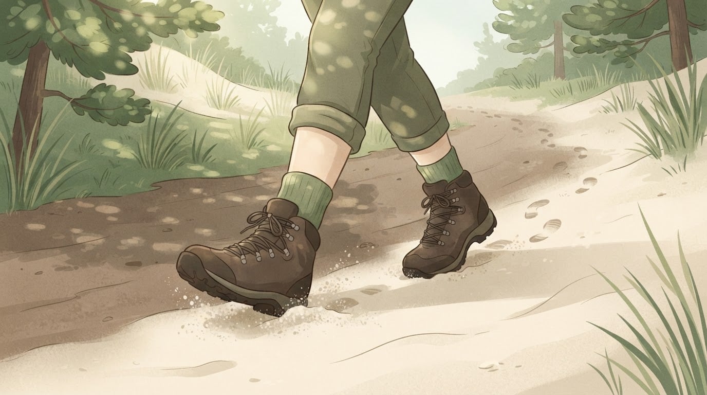 Illustration of a walker's hiking boots stepping from a packed dirt trail into loose pale sand among dune grass, footprints sinking behind them