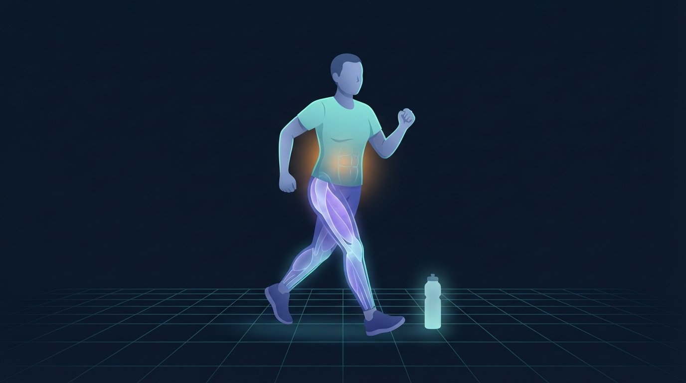 Ilustración de una persona caminando a paso rápido con los músculos de las piernas y el core resaltados, representando el coste energético de un número de pasos