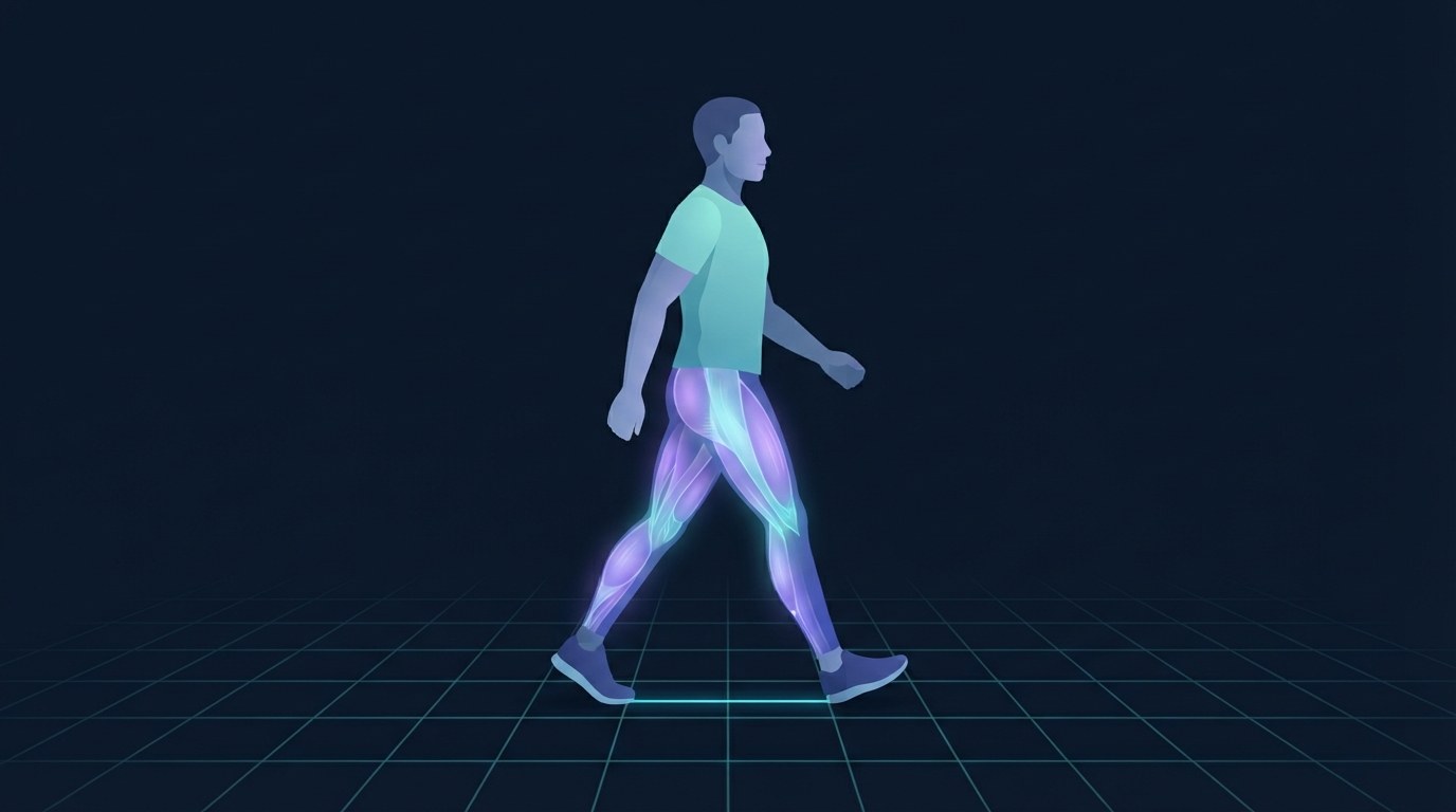 Ilustración de una persona caminando a mitad de paso con la distancia entre las dos pisadas resaltada, mostrando qué significa la longitud de paso en una conversión de pasos a millas