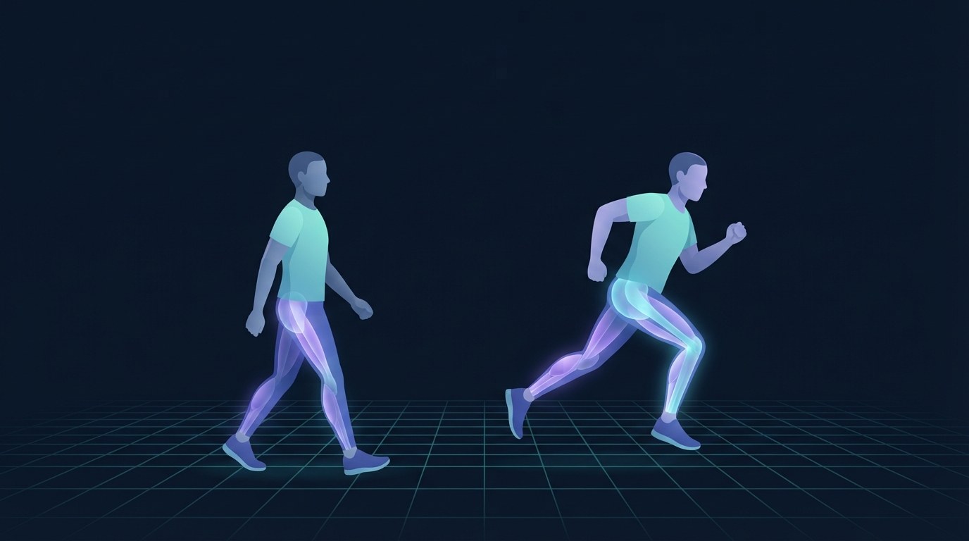 Ilustración lado a lado de una persona caminando y otra corriendo de la misma talla, mostrando la longitud de paso mucho mayor de quien corre