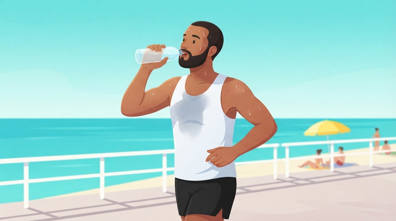 Illustration eines bärtigen Mannes in einem weißen Lauftop, der auf einer sonnigen Strandpromenade innehält und aus einer durchsichtigen Wasserflasche trinkt, mit Schweiß auf Stirn und Schultern
