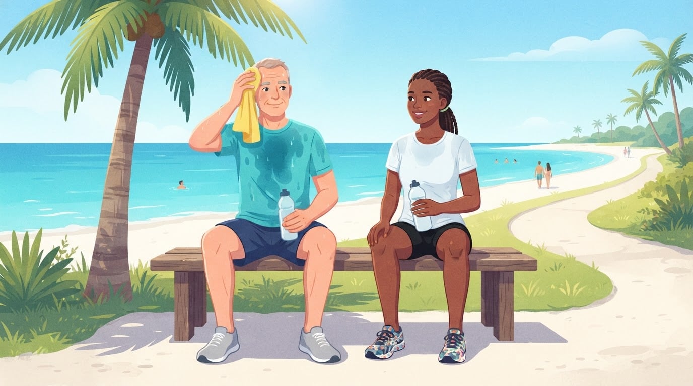 Illustration eines älteren Mannes in einem schweißnassen türkisfarbenen Shirt und einer jungen Frau in einem kaum feuchten weißen Shirt, die nach demselben Lauf nebeneinander auf einer Bank an einem Strandweg ausruhen, beide mit Wasserflaschen in der Hand