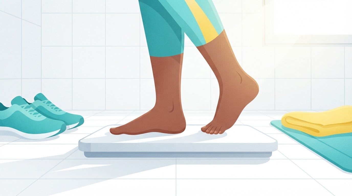 Illustration der nackten Füße einer Frau, die auf eine schlichte weiße Personenwaage auf einem sonnigen Fliesenboden steigen, daneben Laufschuhe und ein gefaltetes gelbes Handtuch
