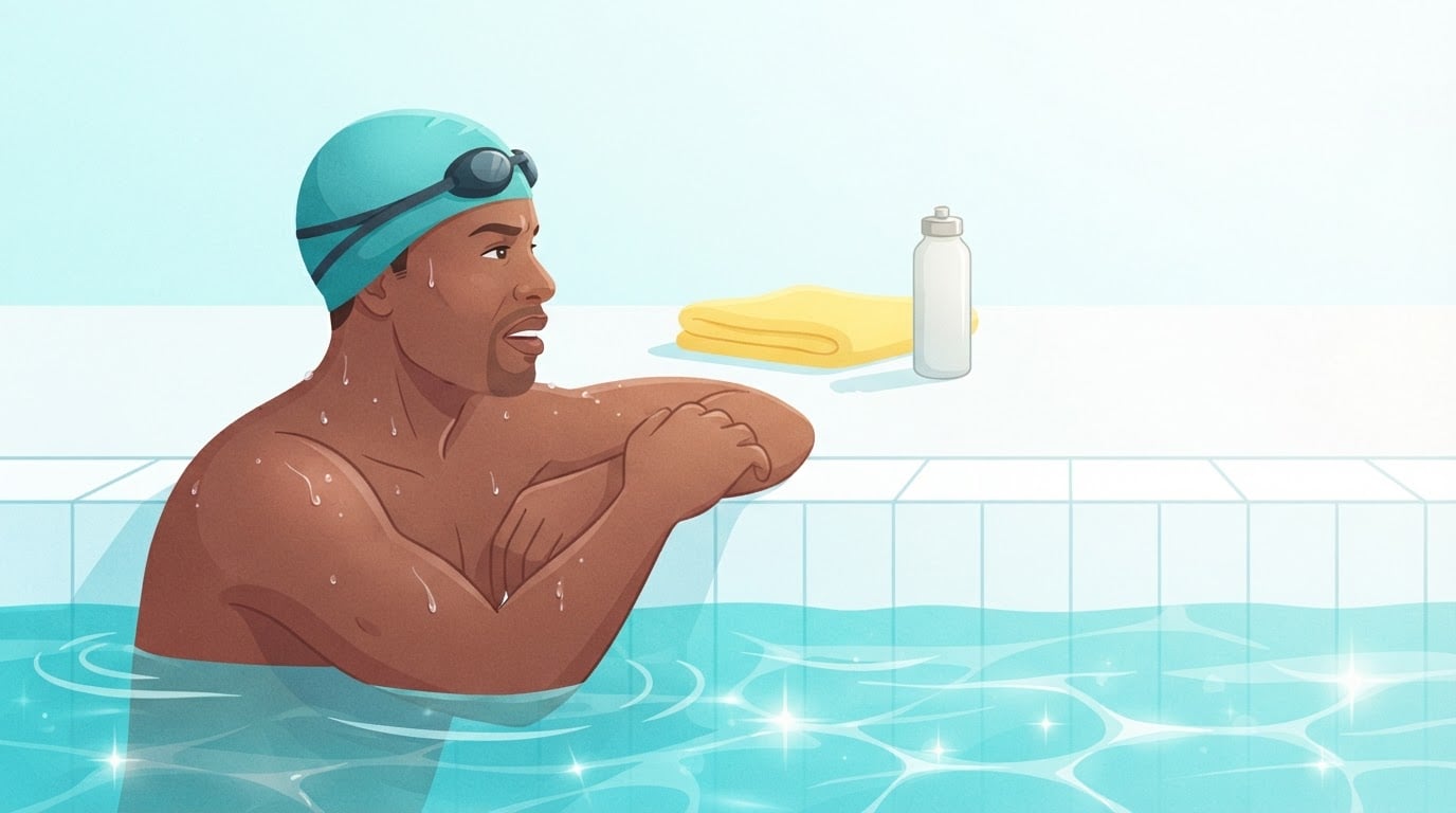 Ilustración de un hombre con gorro de natación turquesa y las gafas subidas, que apoya los brazos en el borde de una piscina soleada y recupera el aliento tras un nado rápido