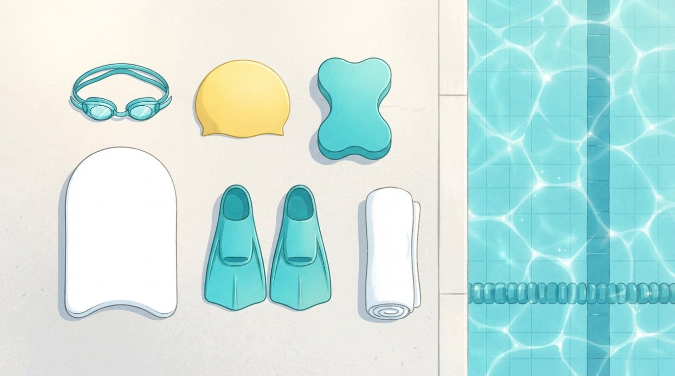 Ilustración cenital de material de entrenamiento de natación sobre el borde soleado de una piscina: gafas turquesa, un gorro de natación amarillo, un pull buoy, una tabla de patada blanca, aletas cortas y una toalla enrollada