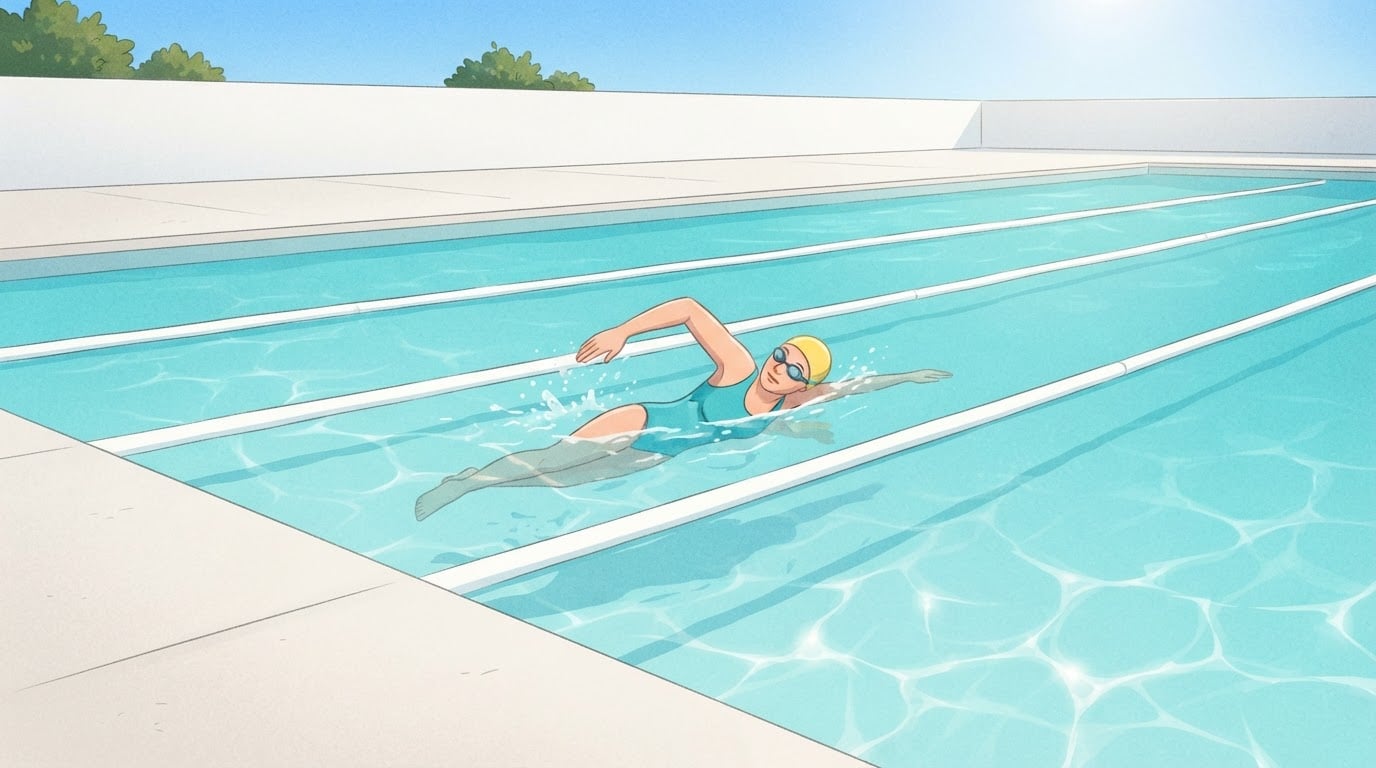 Ilustración de una mujer con gorro de natación amarillo y traje de baño turquesa que nada crol por una calle de una piscina exterior soleada