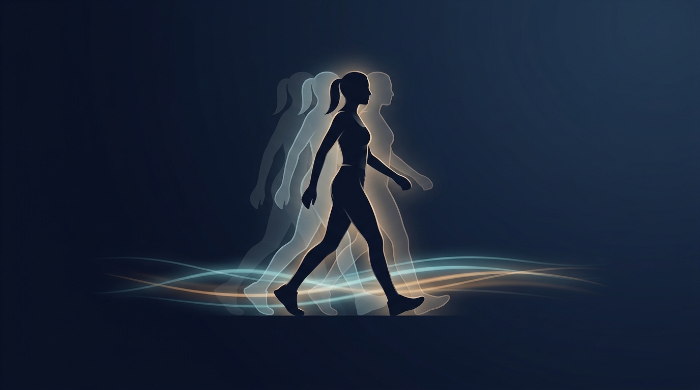 Ilustración que muestra una silueta caminando con rastros de movimiento que representan la variabilidad del NEAT y el gasto calórico diario entre individuos