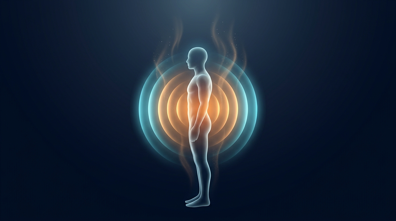 Ilustración conceptual de la tasa metabólica basal mostrando una silueta humana irradiando calor termogénico que representa la energía que quema el cuerpo en reposo
