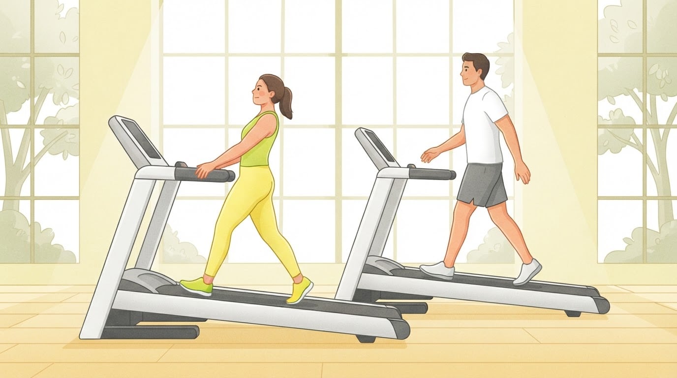 Illustration of two adults walking uphill on side-by-side treadmills, one holding the handrails and one swinging both arms freely, the comparison behind the handrail setting in the treadmill calorie calculator