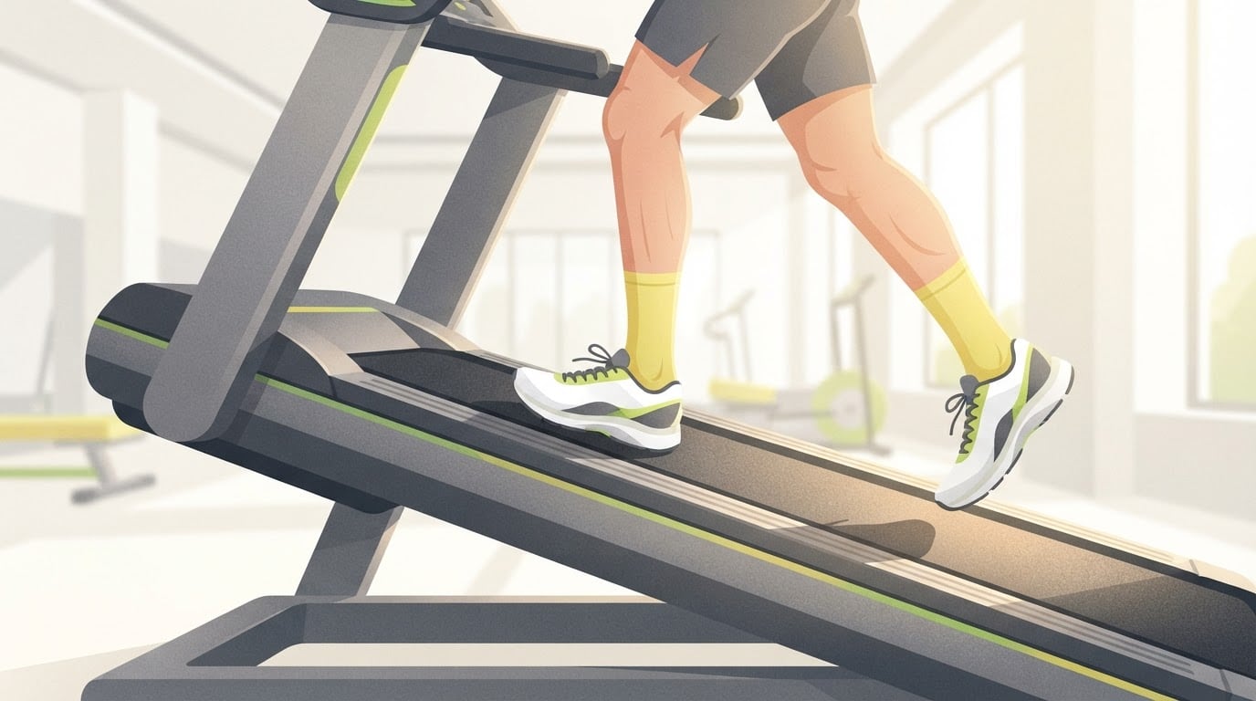 Close-up illustration of running shoes landing on a treadmill belt tilted to a steep incline, the raised deck showing the climb the treadmill calorie calculator adds to every step
