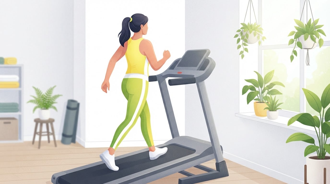 Illustration of a woman walking briskly on a home treadmill beside a bright window with plants, hands off the rails, the kind of session the treadmill calorie calculator estimates from belt speed and incline