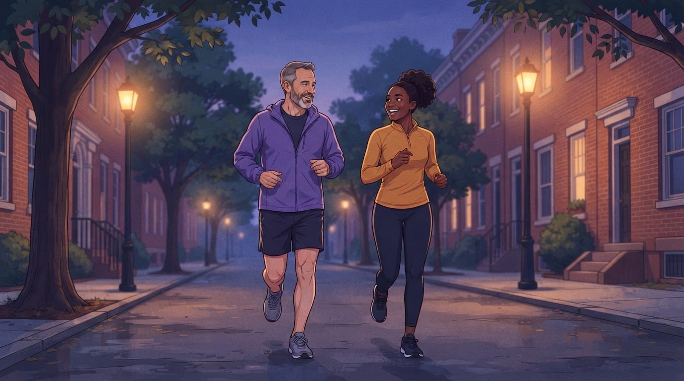 Ilustración de un hombre de barba canosa y una mujer joven corriendo codo con codo y charlando a ritmo suave por una calle arbolada de la ciudad al anochecer