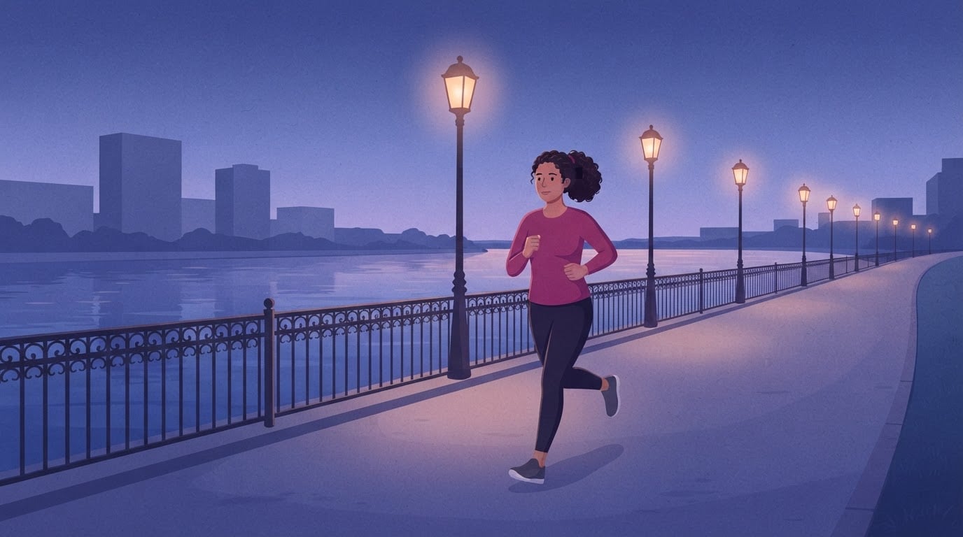 Ilustración de una mujer corriendo a un ritmo constante por un camino junto al río iluminado por farolas, en una ciudad a la hora azul