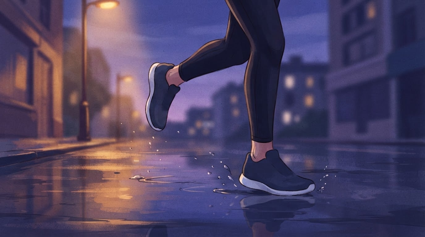 Ilustración de las piernas y las zapatillas de un corredor en plena zancada sobre el pavimento mojado de la ciudad, que refleja la luz violeta del atardecer y las farolas ámbar