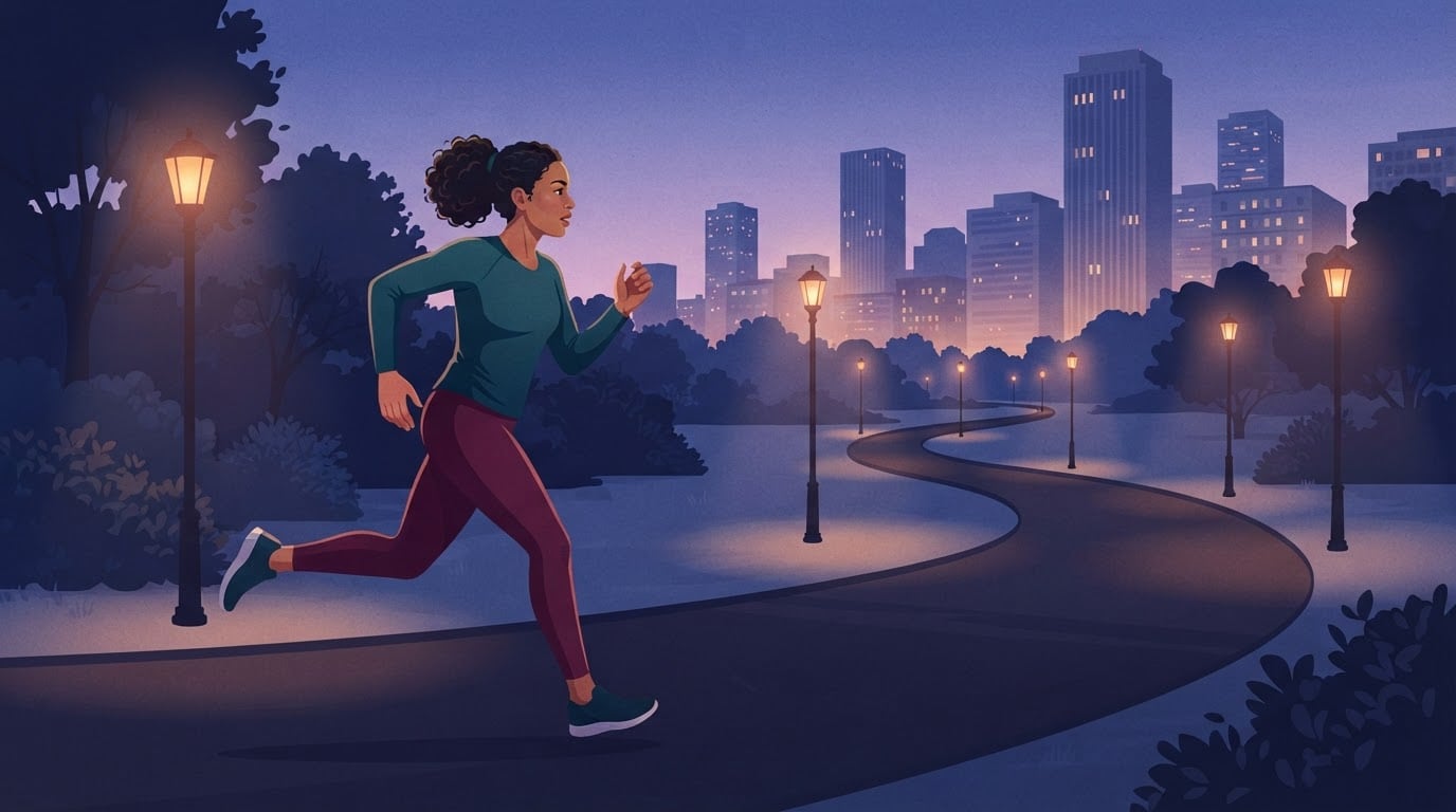 Woman in her thirties running along a lamp-lit park path at blue hour with the city skyline behind her, the kind of steady hard effort a VO2 max test asks for