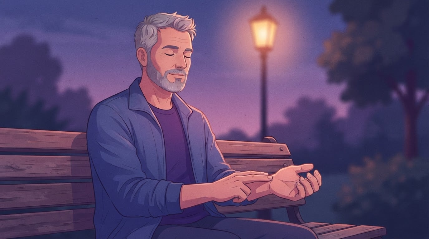 Close-up of a man in his fifties sitting on a park bench at dusk, two fingers on his wrist counting his resting pulse for the heart rate ratio method