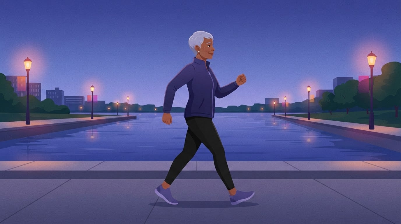 Woman in her sixties walking briskly along a waterfront promenade under warm street lamps at blue hour, doing a timed 1-mile Rockport walk test