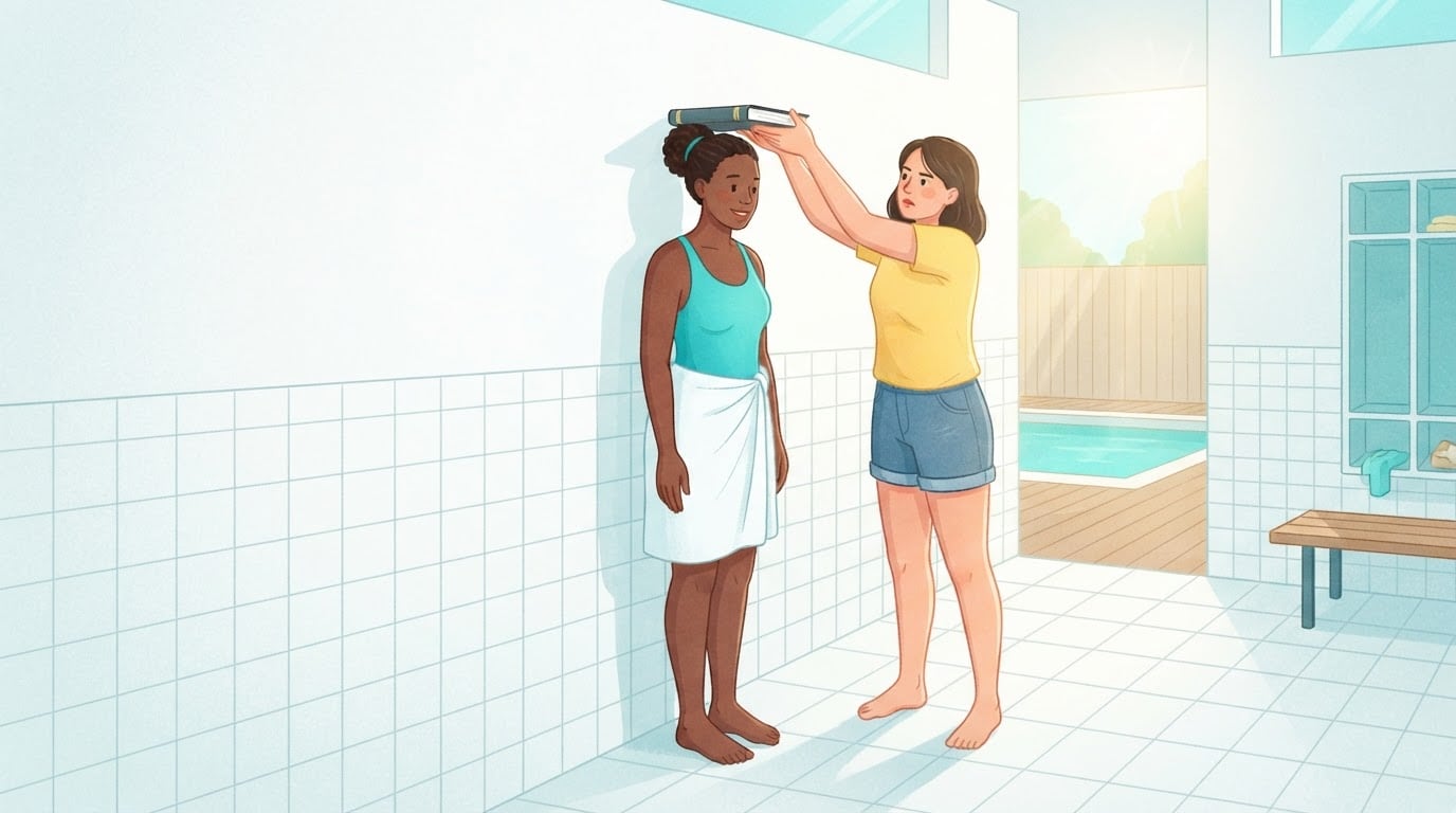 Femme en maillot de bain turquoise, pieds nus et bien droite contre un mur blanc dans une cabine de piscine ensoleillée, tandis qu'une amie pose un livre à plat sur sa tête pour marquer sa taille