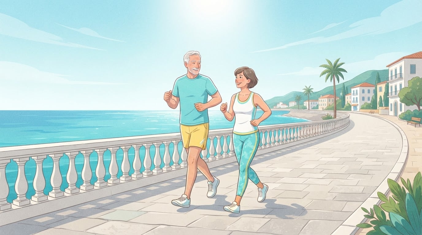 Homme âgé et femme d'âge mûr marchant d'un bon pas côte à côte sur une promenade ensoleillée en bord de mer, en tenue de sport turquoise et jaune