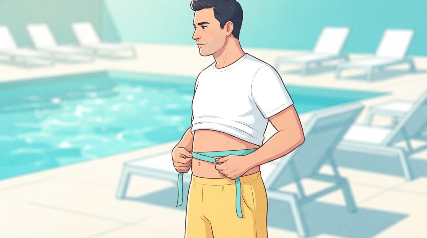Homme au bord d'une piscine ensoleillée, soulevant son tee-shirt blanc et passant un simple mètre ruban turquoise autour de sa taille, avec de l'eau bleue et des transats blancs derrière lui