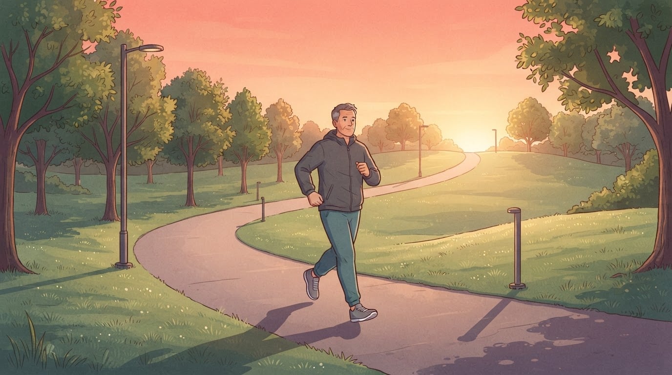Illustration of a man in his fifties walking briskly along a curving park path at sunrise, the kind of steady walk the walking calorie calculator estimates from pace and minutes