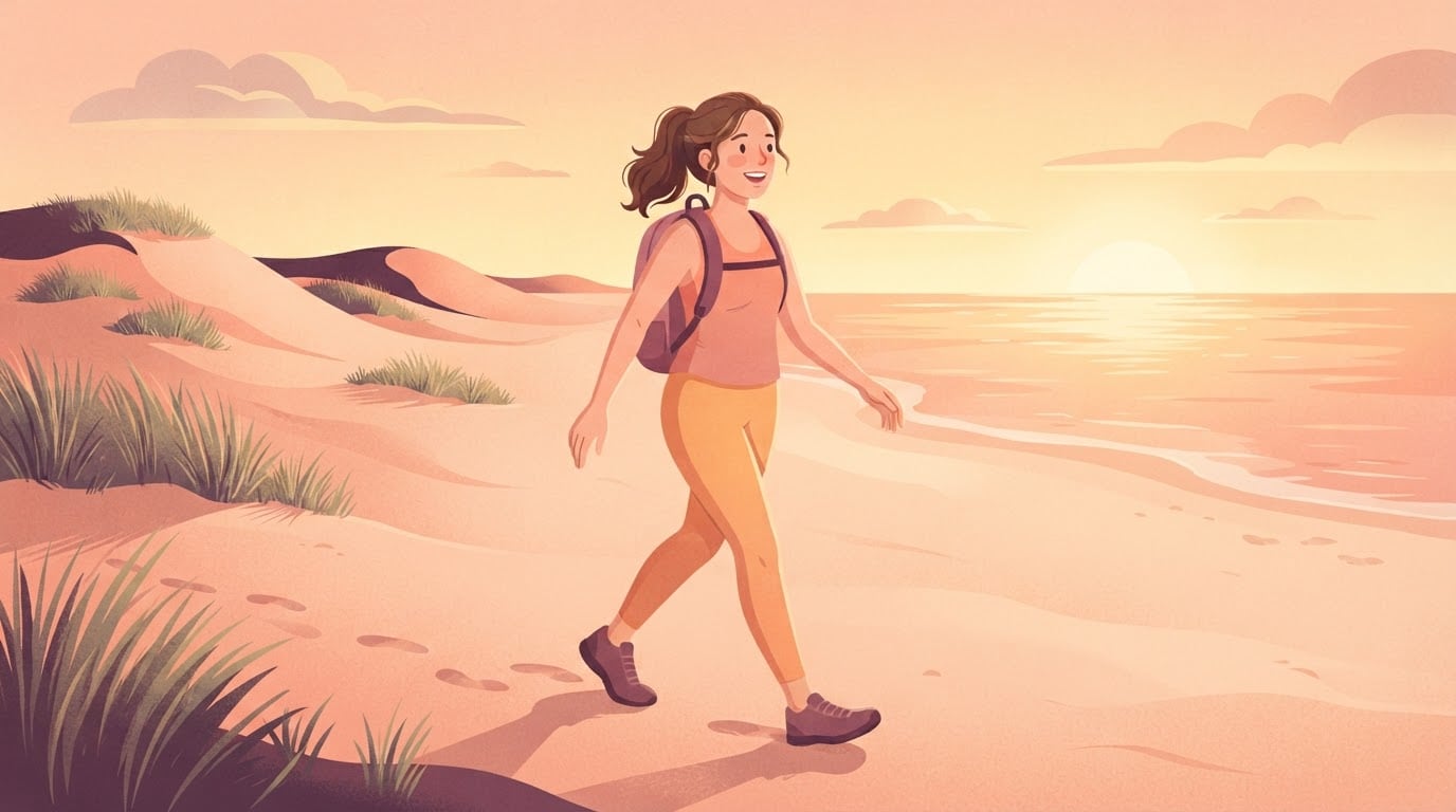 Illustration of a woman wearing a small daypack walking on soft beach sand at sunrise, leaving footprints, the surface and load settings of the walking calorie calculator