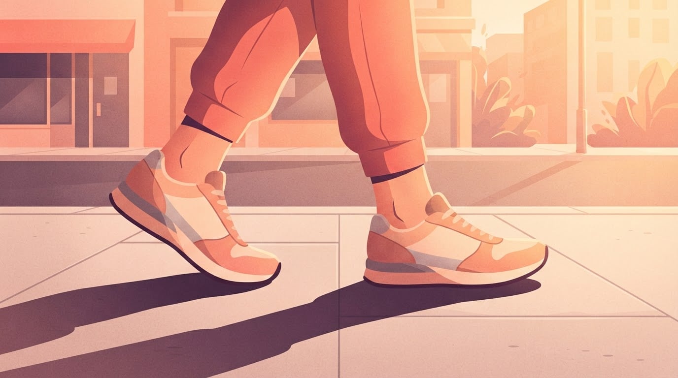 Close-up illustration of walking shoes mid-stride on a city sidewalk at sunrise, one heel landing as the back foot pushes off, showing the step length that turns a step count into distance