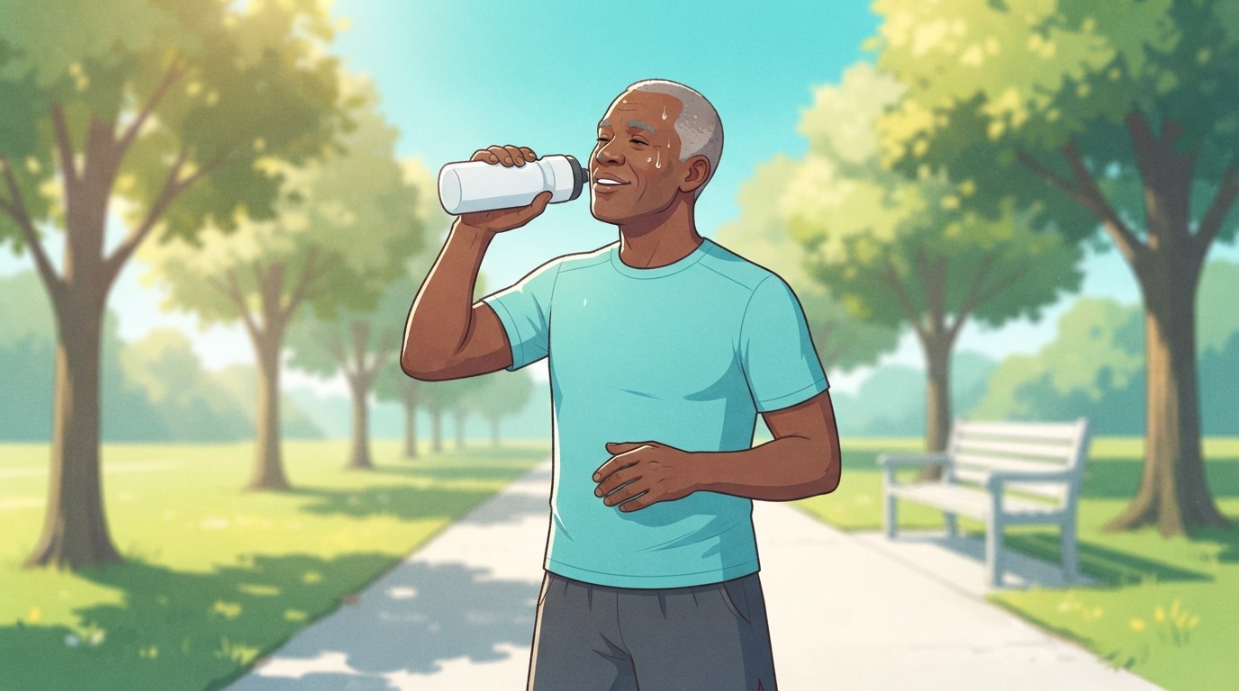 Illustration d'un homme plus âgé dans un parc ensoleillé buvant à une bouteille d'eau après une course, représentant le liquide perdu par la transpiration pendant l'exercice