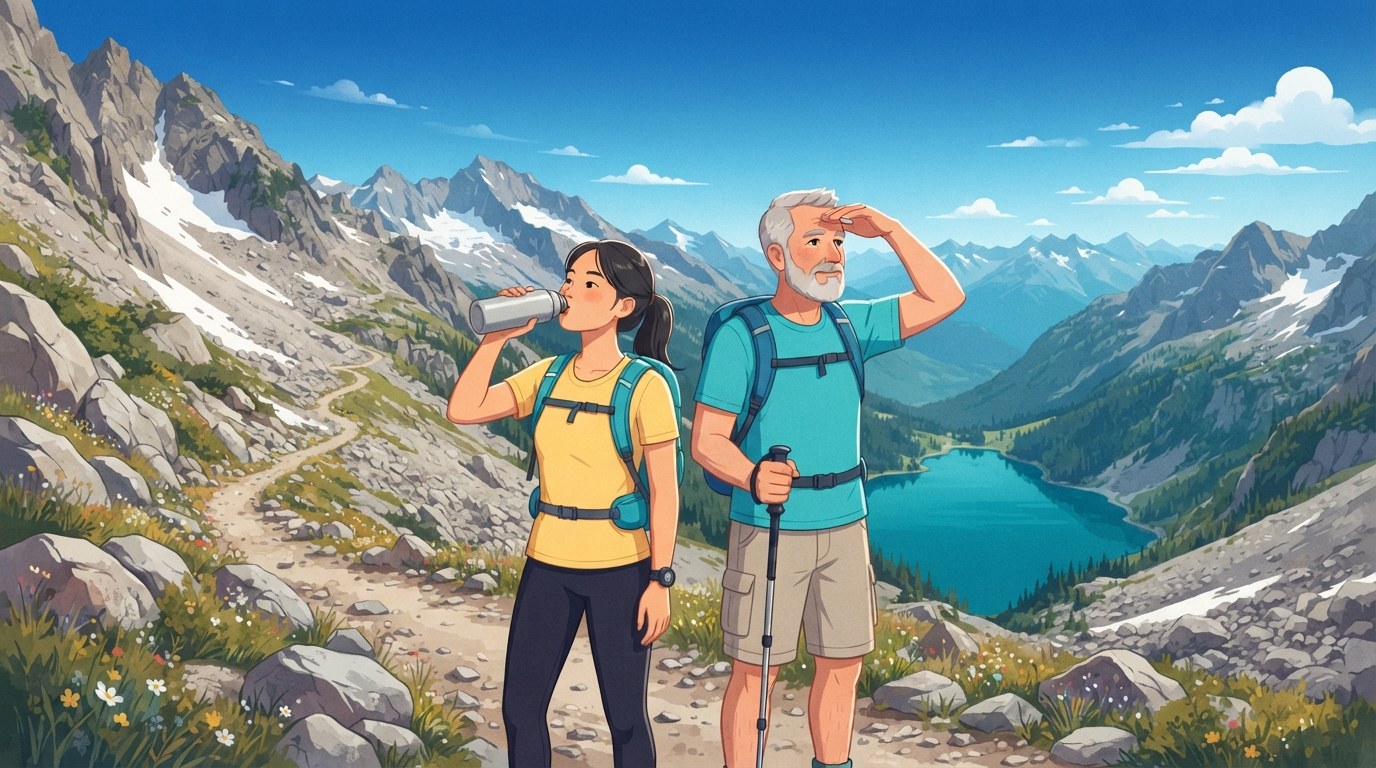Illustration de deux randonneurs sur un sentier de montagne ensoleillé au-dessus d'un lac turquoise, l'un buvant à une bouteille d'eau, représentant des besoins en eau plus élevés à la chaleur et en altitude