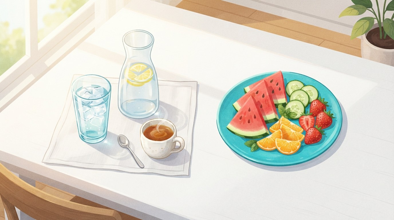 Illustration d'une table de cuisine ensoleillée avec un verre d'eau, une carafe d'eau citronnée, une tasse de thé et une assiette de pastèque, concombre, oranges et fraises, montrant l'eau des boissons et des aliments