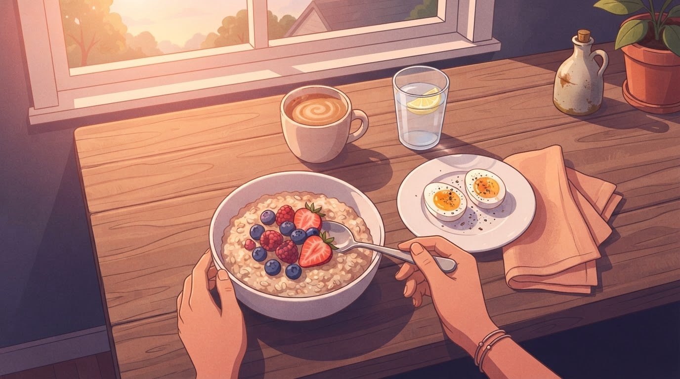 Illustration eines Frühstücks aus Haferbrei mit Beeren, einem halbierten gekochten Ei, Kaffee und einem Glas Wasser auf einem Holztisch an einem sonnigen Fenster, mit zwei Händen, die Schüssel und Löffel halten