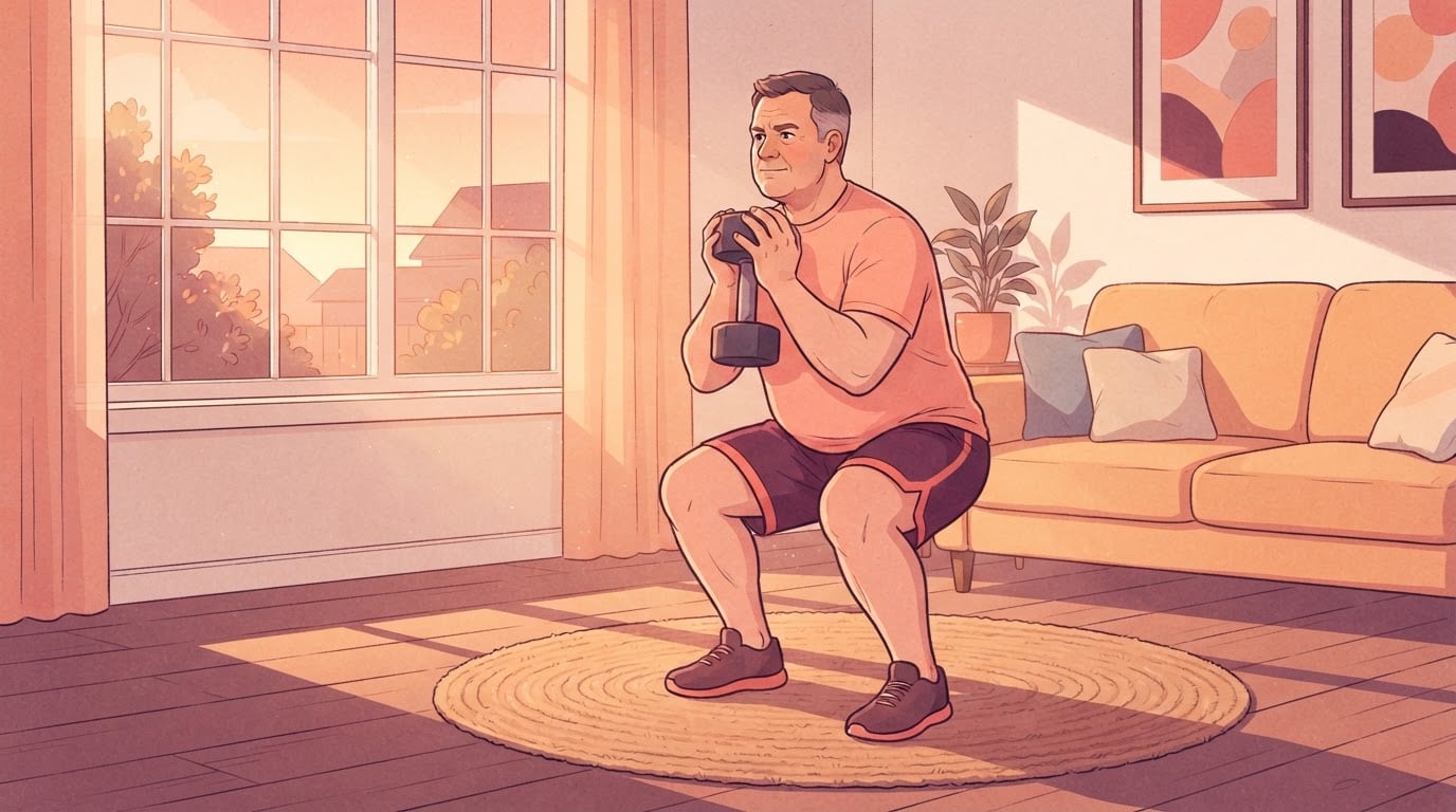 Illustration eines Mannes in den Fünfzigern, der auf einem Teppich in einem sonnigen Wohnzimmer eine Goblet-Kniebeuge mit einer Kurzhantel vor der Brust macht
